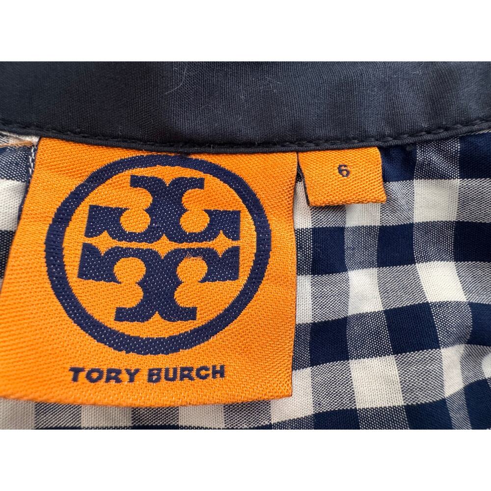 Tory Burch blouse navy blue white gingham long sleeve logo buttons epaulettes  6 - Picture 10 of 12